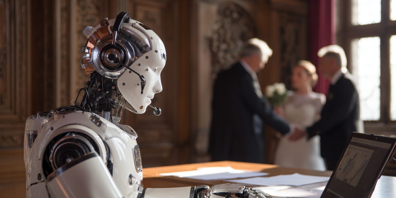 Robot met headset achter een balie terwijl op de achtergrond een bruiloft plaatsvindt in een historische locatie