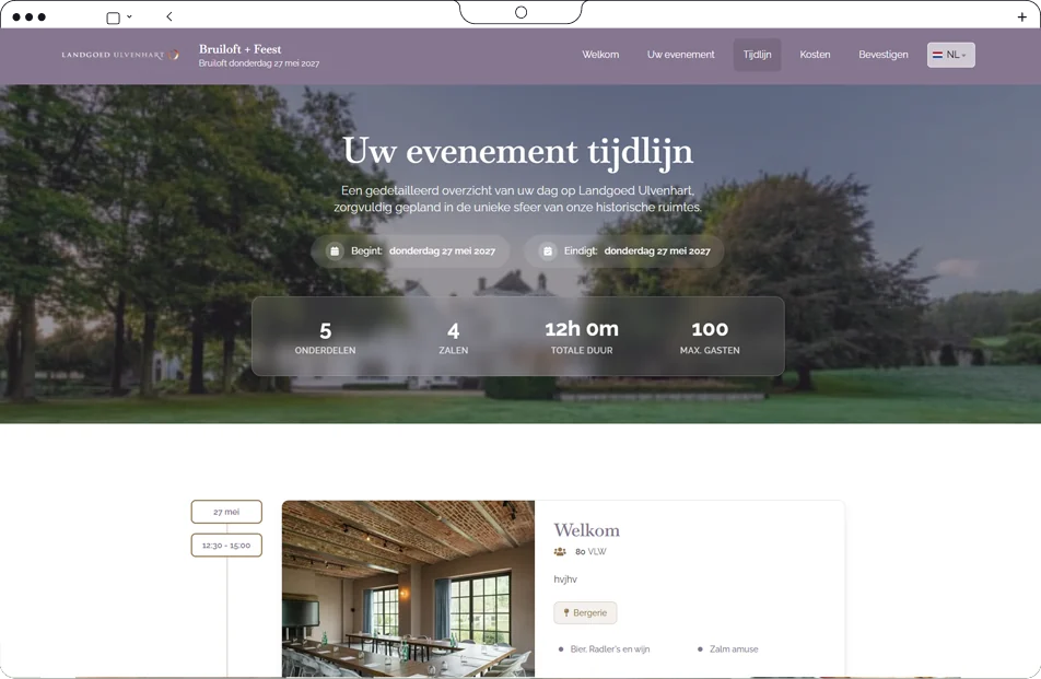 De tijdlijn van het evenement in de offerte-website