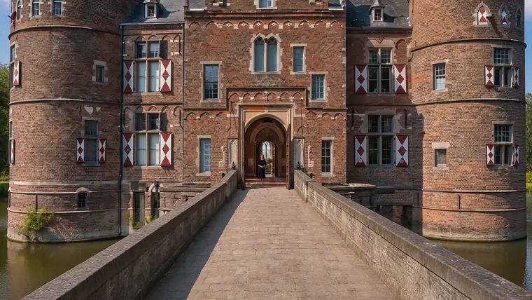 De oprijlaan over de brug naar de poort van het kasteel