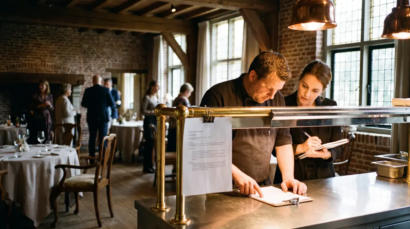 Kok en eventmanager nemen samen de sheet door bij de doorgeef