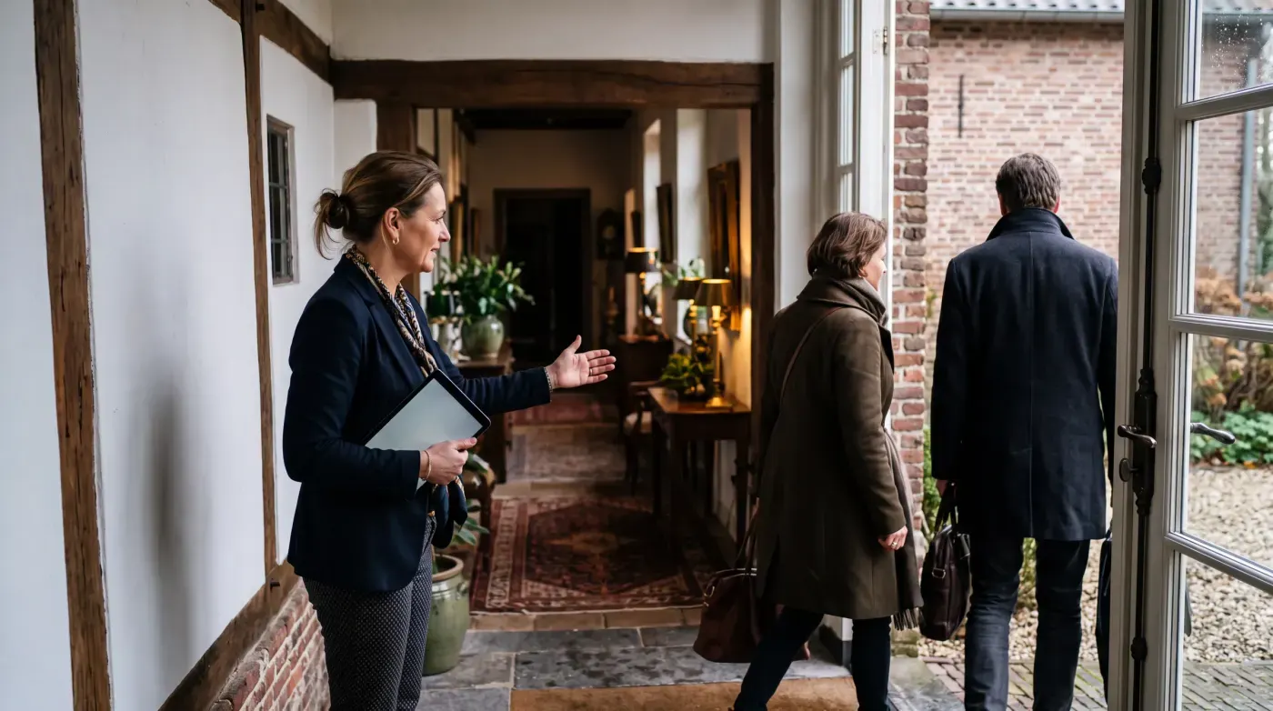 Een gastvrouw verwelkomt de gasten bij de voordeur
