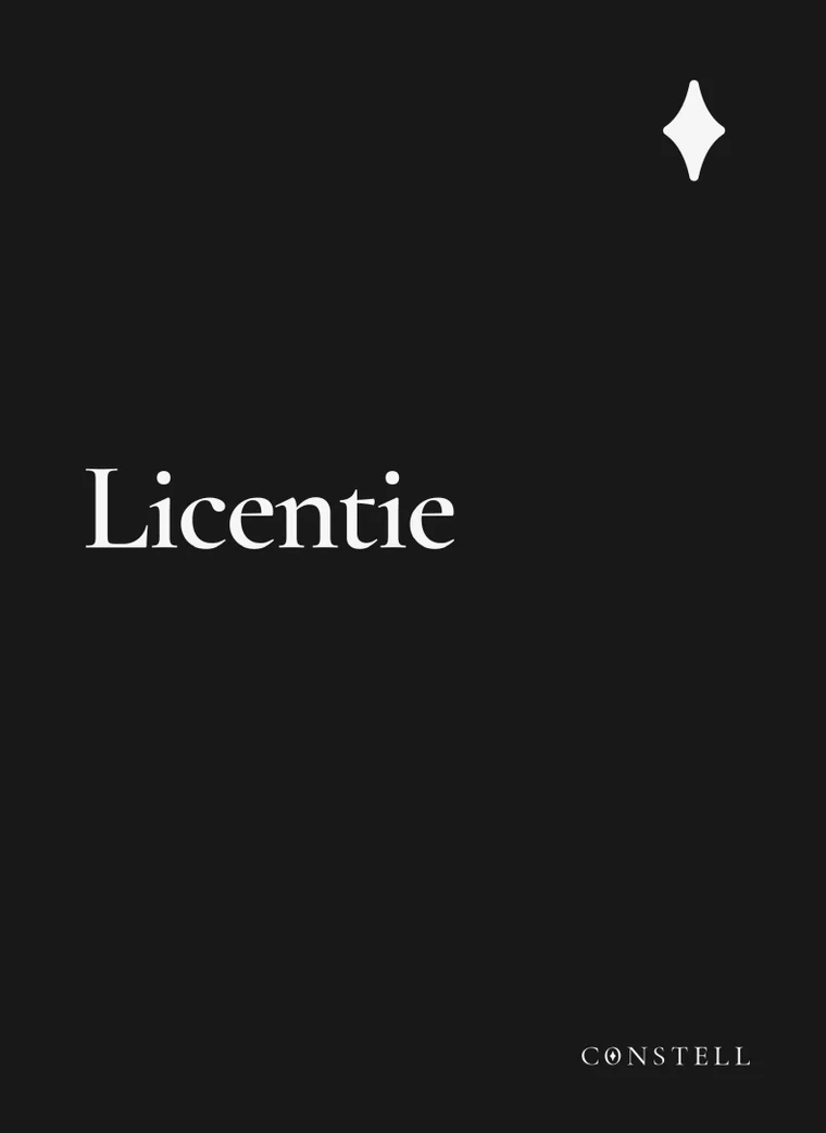 De Constell licentiekaart: een zwarte kaart met het woord Licentie, de Constell-ster en het logotype