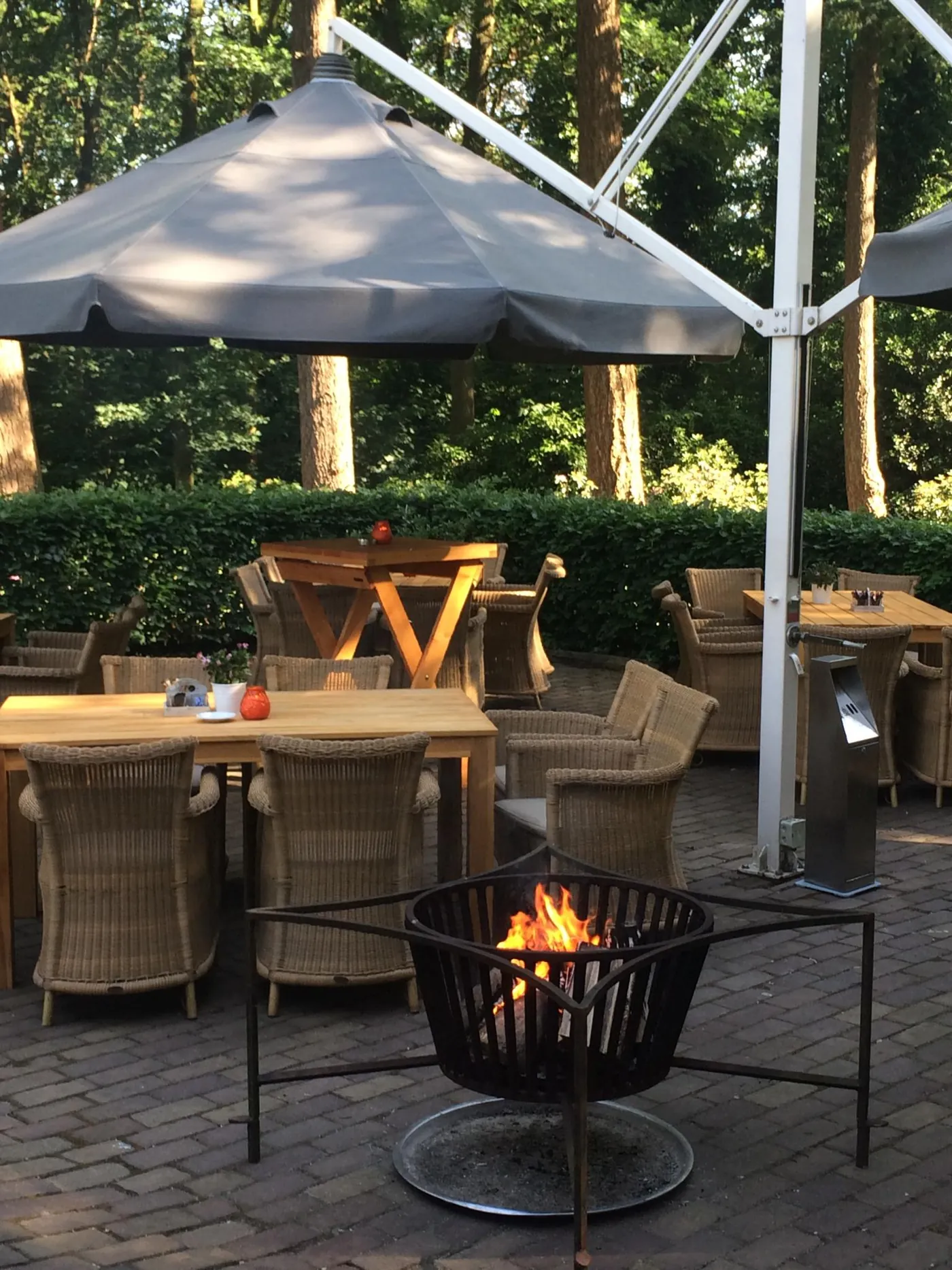 Rieten stoelen en een brandende vuurkorf onder een parasol op het terras, met het bos erachter