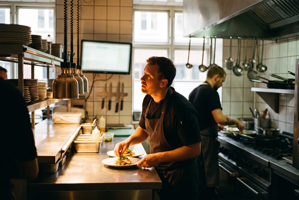 In de keuken staat dezelfde bestelling op het scherm bij de doorgeef.