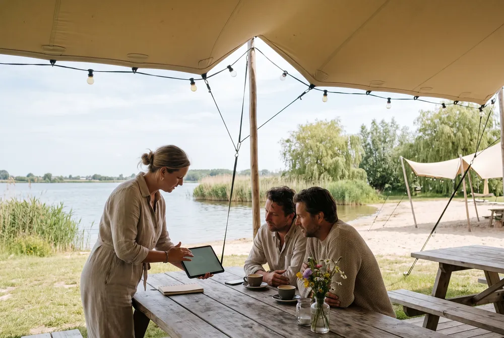 Aan tafel wordt het dagprogramma samengesteld terwijl de gasten er nog zitten.