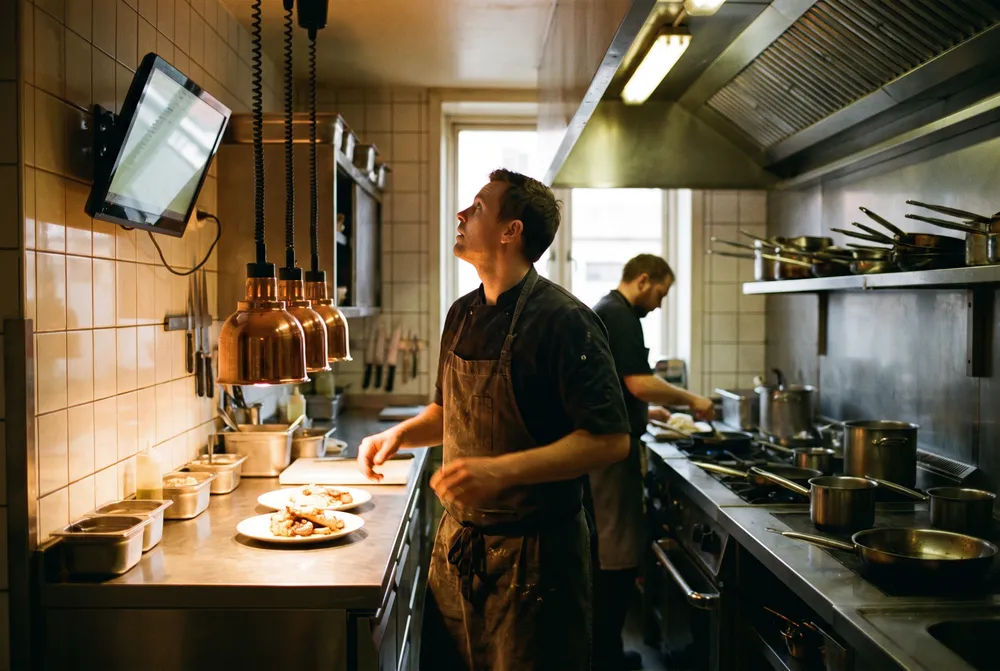 In de keuken staat dezelfde bestelling op het scherm bij de doorgeef.