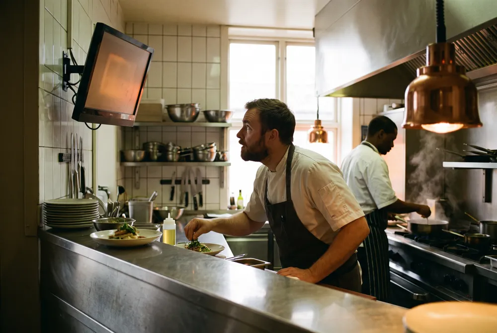 In de keuken staat hetzelfde draaiboek op het scherm bij de doorgeef.
