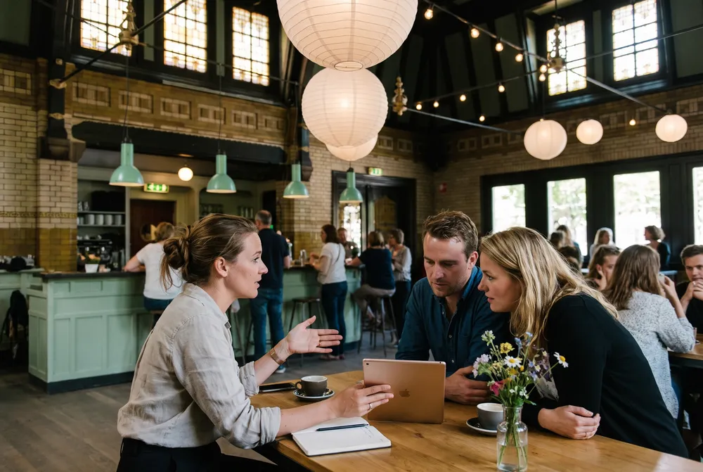 Aan tafel wordt de offerte gemaakt terwijl de rondleiding nog naklinkt.