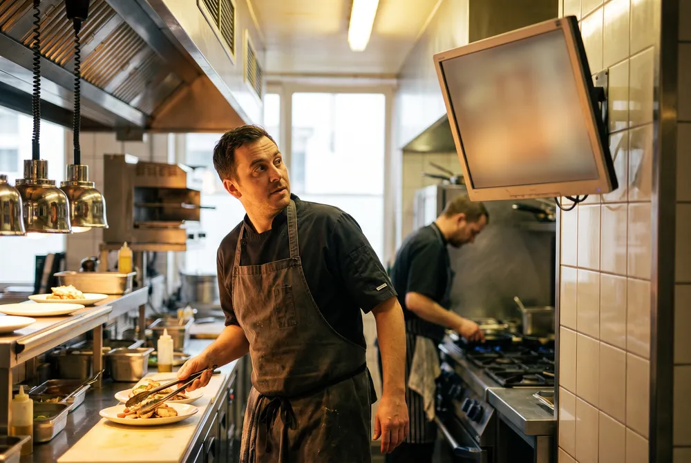 In de keuken staat dezelfde bestelling op het scherm bij de doorgeef.