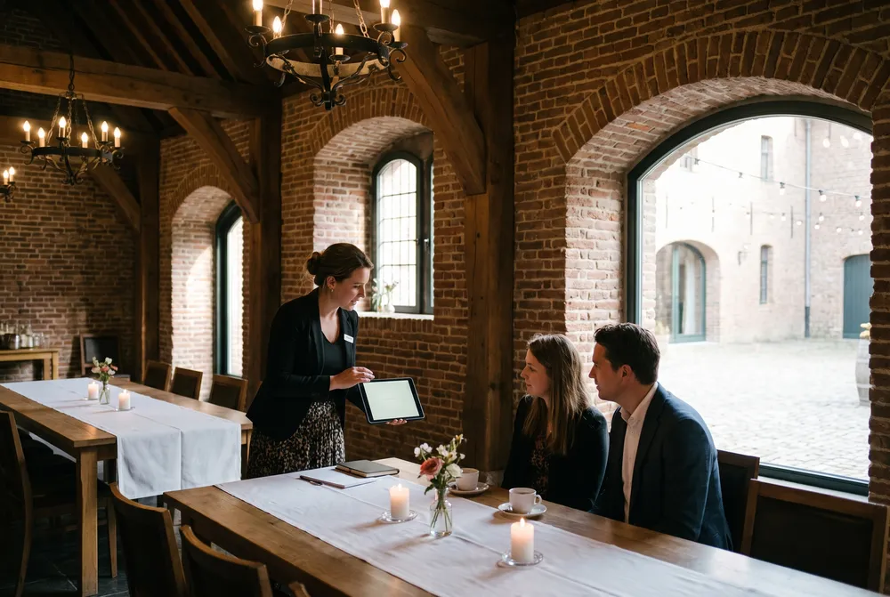 Aan tafel wordt de offerte samengesteld terwijl het bruidspaar meekijkt.