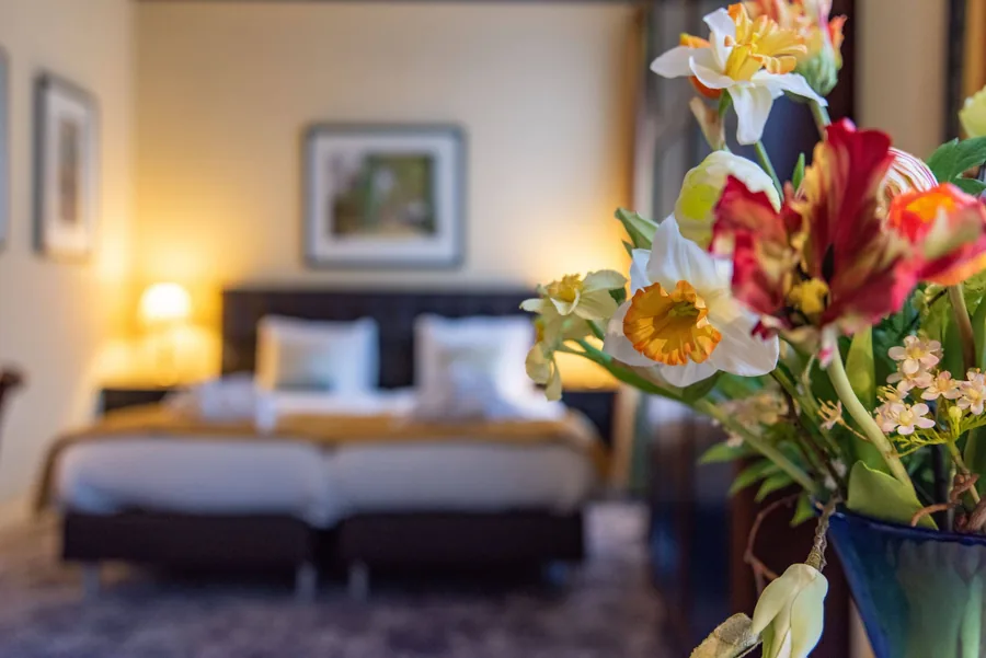 Een hotelkamer met uitzicht op het kasteel door het raam
