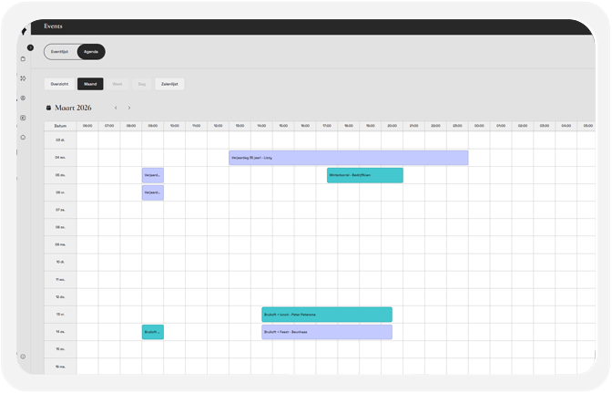 Constell agenda overzicht met maandplanning, zaalbezetting en eventbeheer
