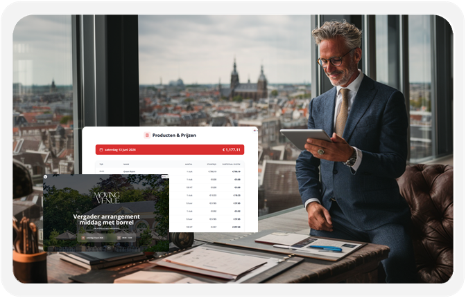 Een directeur die op een tablet de prijzen en marges van een arrangement bekijkt