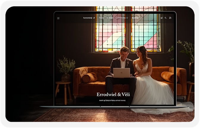 Een stel dat thuis op de bank hun branded offerte doorneemt op een laptop