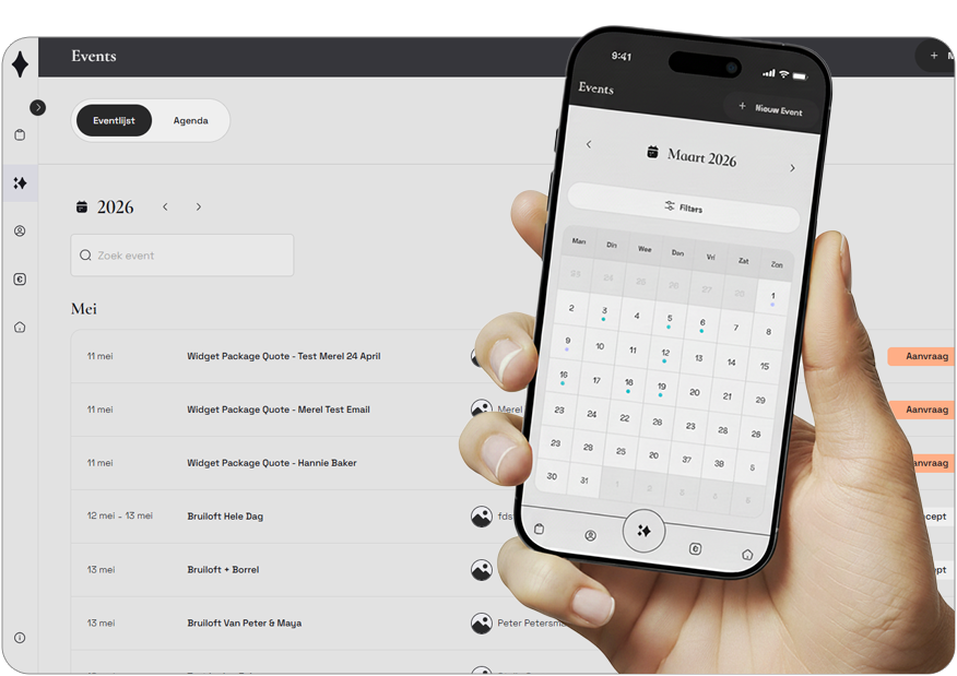 Constell event management overzicht met eventlijst en agenda op desktop en mobiel