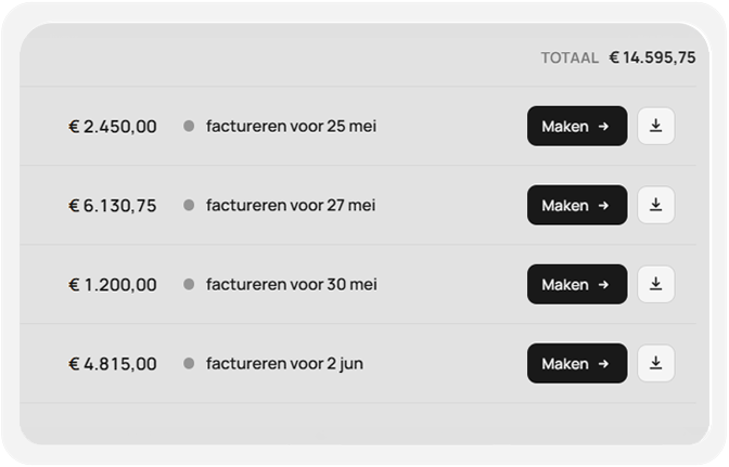 Een betaalplan in Constell met de termijnen per event en hun verzenddatum