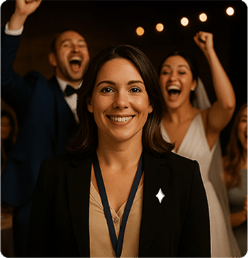 Juichend bruidspaar achter eventmanager