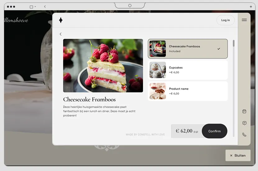 Een gast die in de widget zelf producten kiest, met foto en prijs per onderdeel