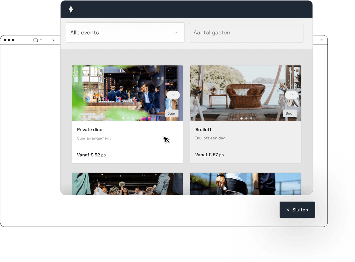 De Constell sales widget op een locatiewebsite waar een gast een arrangement kiest